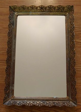 Vintage Ornate Rectangular Vanity Mirror Footed Gold Tone Floral Filigree Tray