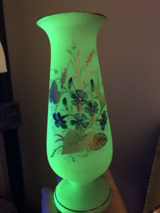 Vintage Uranium Green Glass Pedestal Vase Hand Painted Floral