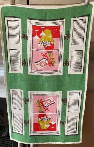 Nos Vintage Linen Tea Towel - Merry Christmas Champagne - View Thru Window