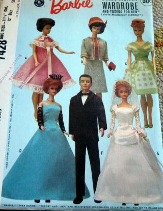 Vintage 1960s 11 1/2” Barbie Doll 12 " Ken Clothing Sewing Pattern Mccall 