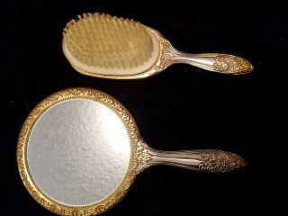 Vintage Vanity Set Silver Gold Tone Metal Ornate Hand Mirror And Hair Brush