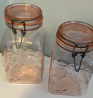 2 Vintage Pink Glass Canisters Farm 