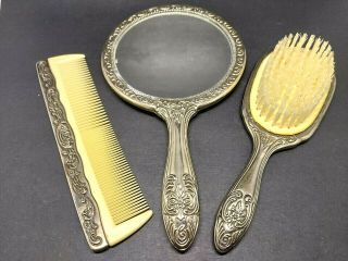 Vintage Mid - Century Silverplated Handheld Mirror Comb And Brush Vanity Set 1950s