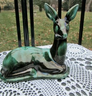 Vintage Blue Mountain Pottery Deer Figurine Laying Green Drip Glaze Red Clay