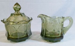 Vtg Fostoria Olive Green Coin Glass Cream And Sugar With Lid 3 - Piece Set Gvc