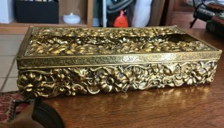 Vtg Ornate Gold Metal Brass Floral Mcm Vanity Dresser Tissue Holder Box 3d