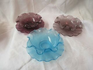 Vintage 3 Bowls Plates Tiny Diamond Crosshatch Glass Ruffled Purple Pink Blue