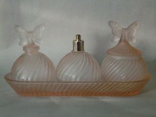 4 Pc Vintage Art Deco Pink Glass Table Vanity Set W/ Butterfly Finials On Tray