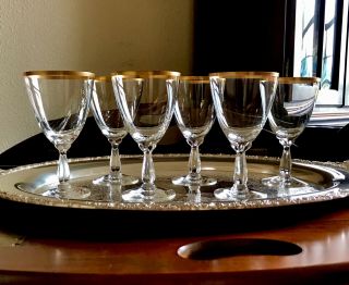 Vintage Fostoria Anniversary Wine & Water Goblet Glasses Crystal Gold Stemware 6