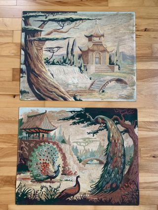 2 Vintage Paint By Number Asian Landscape Peacock Pictures Mid - Century Modern