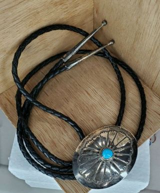 Vintage Native American Navajo Sterling Turquoise Concho Style Bolo Tie