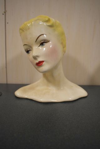 Large Vintage Lady Head Vase Planter,  Blond W/blue Eyes Unique
