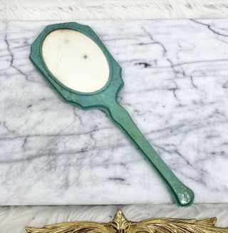 Vintage Green Plastic Hand Held Mirror Art Deco Vanity Decor Bakelite Celluloid 2