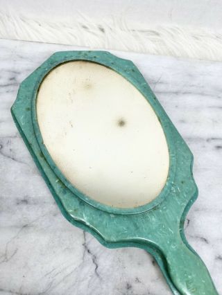 Vintage Green Plastic Hand Held Mirror Art Deco Vanity Decor Bakelite Celluloid 3