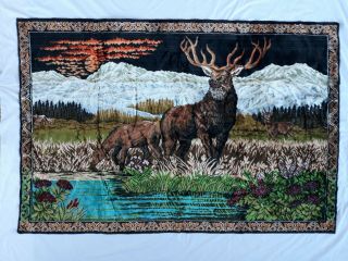 Vintage Elk Deer Velvet Tapestry Rug Wall Hanging Landscape Large 69” X 46”