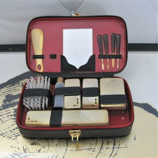 Vintage Mens Grooming Toiletry Kit Faux Leather Case Swank Made In France