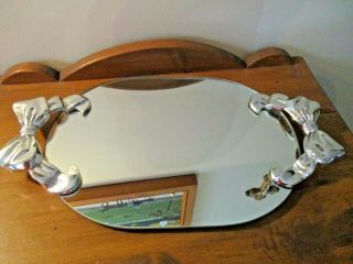 Vintage Mcm Retro Vanity Perfume Oval Mirror Tray W/silver Bows
