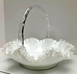 Vintage Fenton Silver Crest White Milk Glass Ruffled Basket Large 11.  5 " Dia 9 " H