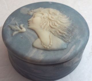 Vintage Blue Soapstone Art Nouveau Style Woman Trinket Box Incolay Robert Nemith
