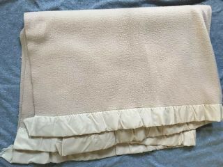 Vintage Beige Wool Blend Blanket With Satin Trim Warm Soft 65x86