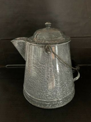 Large Vintage Cowboy Coffee Pot Kettle Mottled Gray Enamel Ware Graniteware