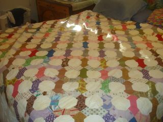 Vintage Hand Sewn Octagon Unfinished Quilt Top 70 " X 84 " Cotton Prints