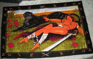 Large Vtg 59 " X 37 " African Topless Women Black Panther Velvet Tapestry Wall Art