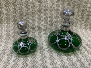 Set Of 2 Vintage Perfume Bottles,  Glass And Silver Inlay,  Pretty