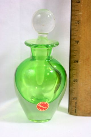 Vintage Heavy Murano Italy Green Glass Perfume Bottle With Stopper / Dauber