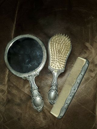 Vintage 3 Piece Vanity Set Silver Plated Mirror,  Brush & Comb,  Collectible