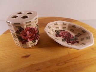 Vintage The Water Co.  Soap Dish And Tooth Brush Holder China Ivory Floral