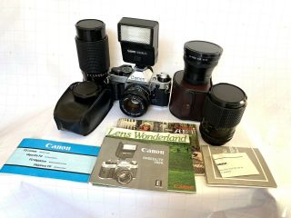 Canon Ae - 1 With 50 Mm/1.  8,  Flash And 2 More Lenses
