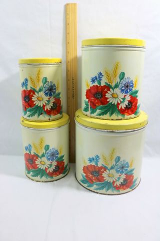 Vintage Tin Canister Set Of 4 Old Shabby Floral Flowers Yellow Kitchen Chic
