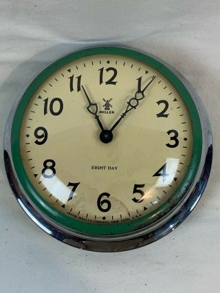 Vintage Art Deco Irving Miller - Wall Clock 8 Day Chrome And Green - B889