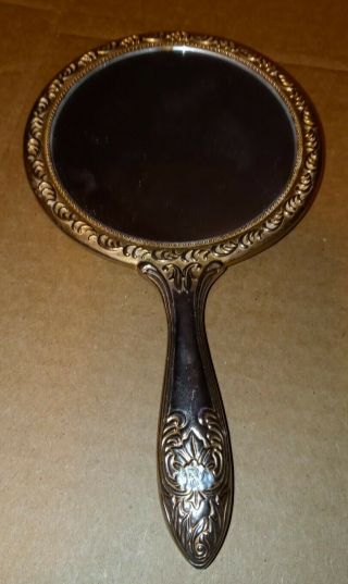 Vintage Round Hand Held Vanity Silver Plate Mirror Heavy Ornate Floral