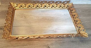 Vintage Ornate Rectangular Vanity Mirror Footed Gold Tone Floral Filigree Tray