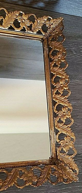 Vintage Ornate Rectangular Vanity Mirror Footed Gold Tone Floral Filigree Tray 2