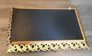 Vintage Ornate Rectangular Vanity Mirror Footed Gold Tone Floral Filigree Tray 3