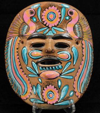 Vintage Mexican Ceramic Hanging Mask Folk Art Hand Formed/painted (pink/turq)