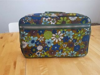 Vintage Bantam Travelware Floral Print Green Blue Suitcase Bag Luggage 60s 70s