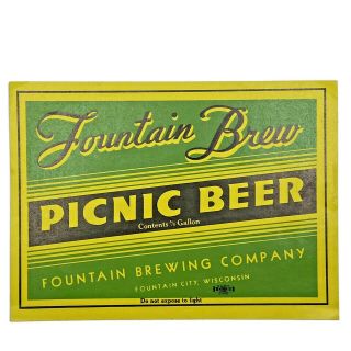 Vintage Picnic Beer Label Half ½ Gallon Fountain City Brewing Wisconsin Wi Rare