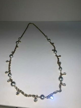 Vintage Givenchy Faux Pearl & Rhinestone 42 " Long Gold Necklace Chain,  Signed