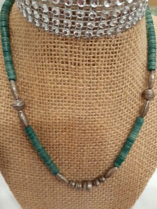 Vintage Native American Navajo Sterling Silver Heishi Bead Turquoise Necklace 2