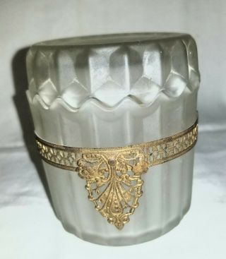 Vintage Antique Frosted Glass Vanity Jar With Lid And Gold Colored Ornate Metal