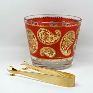 Vintage Culver Red Paisley Ice Bucket Tongs 22kt Gold Mcm Signed