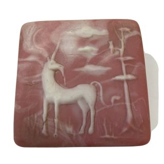 Vintage Soapstone Trinket Box Dish Lid Pink Carved Unicorn Tree Owl Small 2.  25 "