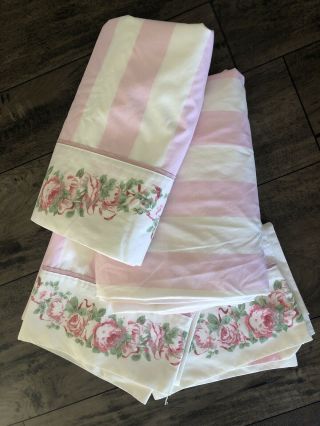 Vtg Laura Ashley Full Complete Sheet Set Pink Stripe Roses Fitted Flat 2 Cases