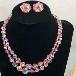 Vintage Pink Aurora Borealis Crystal Necklace Earrings Set