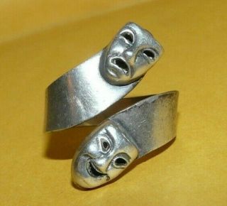 Vintage " Taxco " Cbs Mexico " 925 " Sterling Silver " Tragedy & Comedy " Bypass Ring