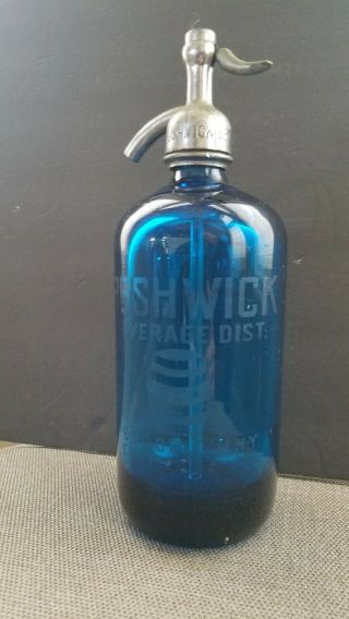 Vintage Blue Seltzer Bottle Bushwick Beverage York.  Made Czechoslovakia.